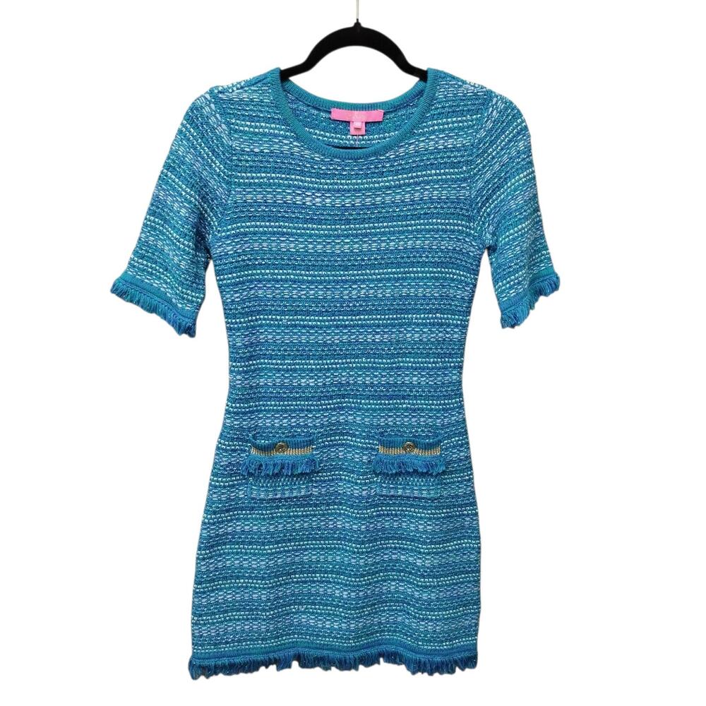 NWT Lilly Pulitzer Beckington Sweater Dress XS Blue Grotto Metallic Tweed Preppy